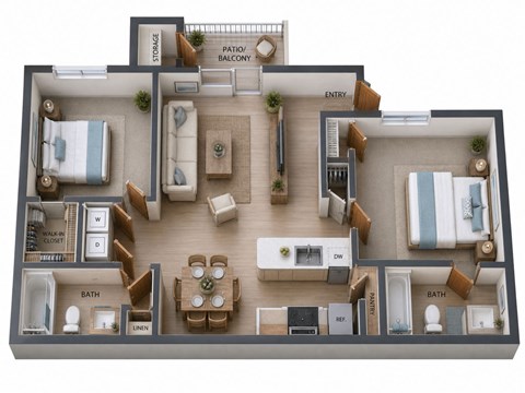 Floor plan for 2 beds, 2 baths, 900 sqft